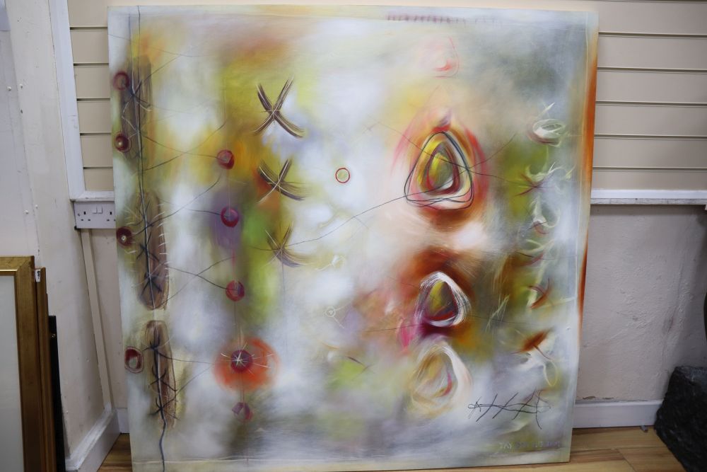 Tay Dall (1966-, South African), oil on canvas, Untitled abstract, signed and dated 2002, 141 x 139cm and an abstract work by another h